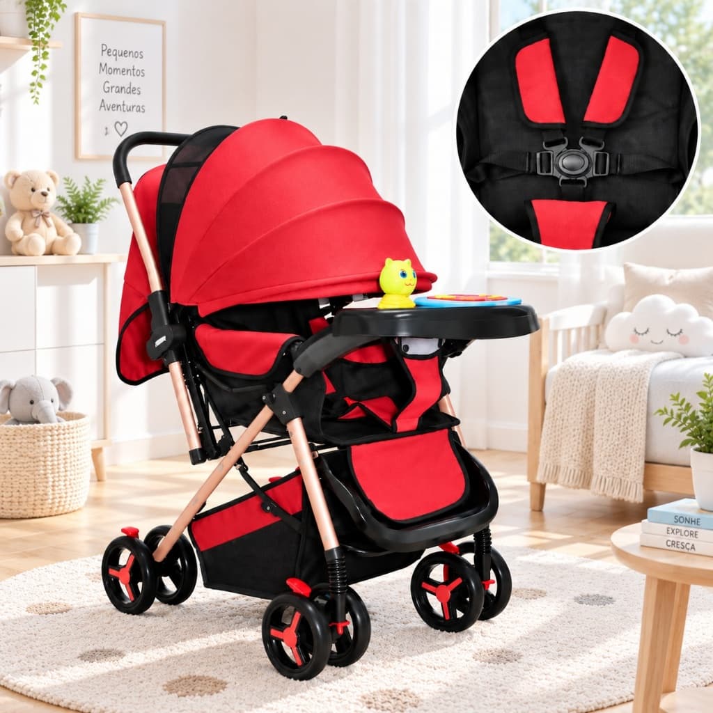 Carrinho de Bebê Alça Reversível Reclinável Dobrável Vira Berço confortável Vermelho e Preto