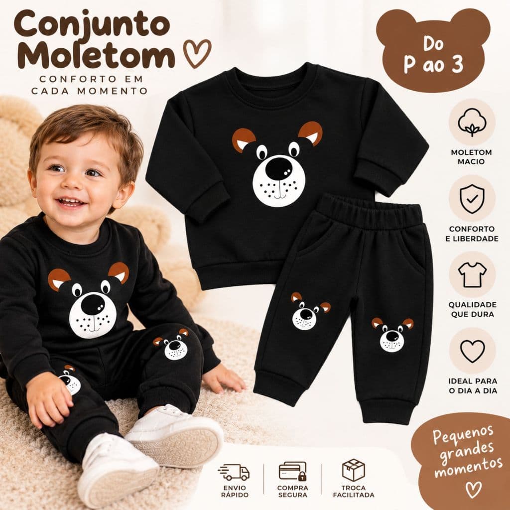 Conjunto Moletom Ursinho bebê menino P ao 03