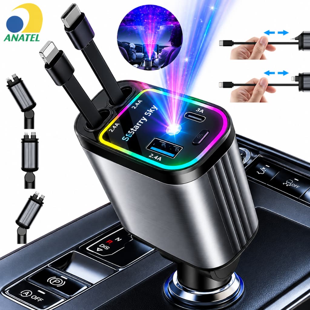 Carregador Veicular 66W 4 Em 1 Retrátil Com LED Starlight USB PD Para iPhone Android