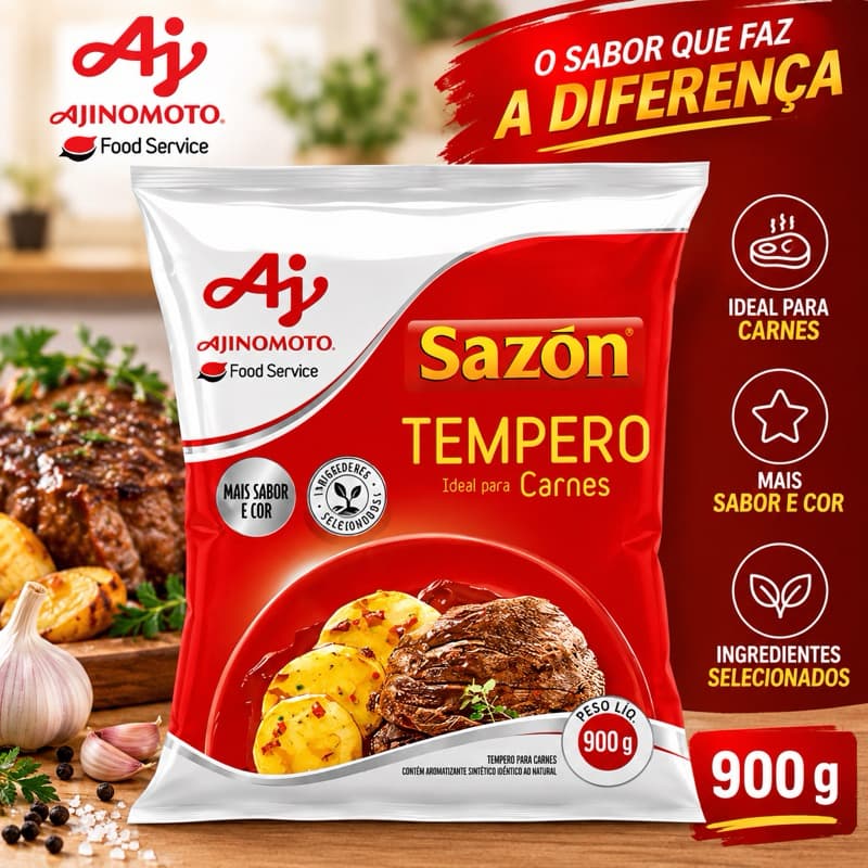 Sazón Tempero para Carnes 900g Ajinomoto – Tempero Carne, Condimento, Mais Sabor e Cor para Churrasco e Receitas