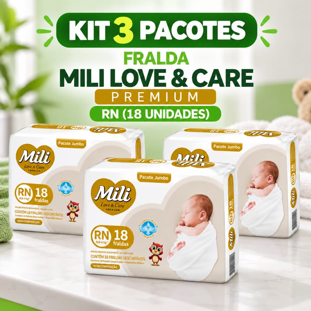 Kit 3 Fraldas Descartavel Bebê Recém Nascido Mili Love & Care Premium RN Total de 54 Fraldas