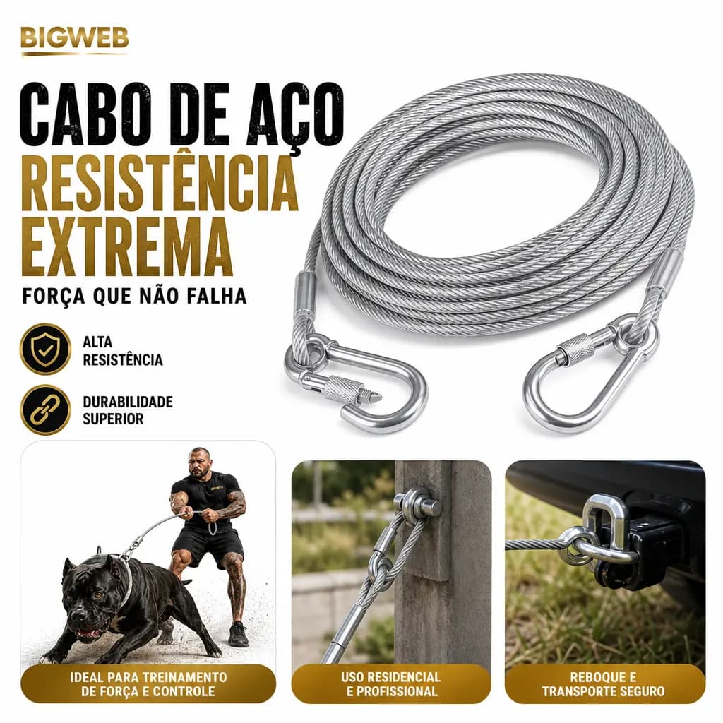 Cabo de Aço Reforçado para Cães 2m 5m 10m Coleira Guia Antifuga Treinamento Passeio Cachorro Grande