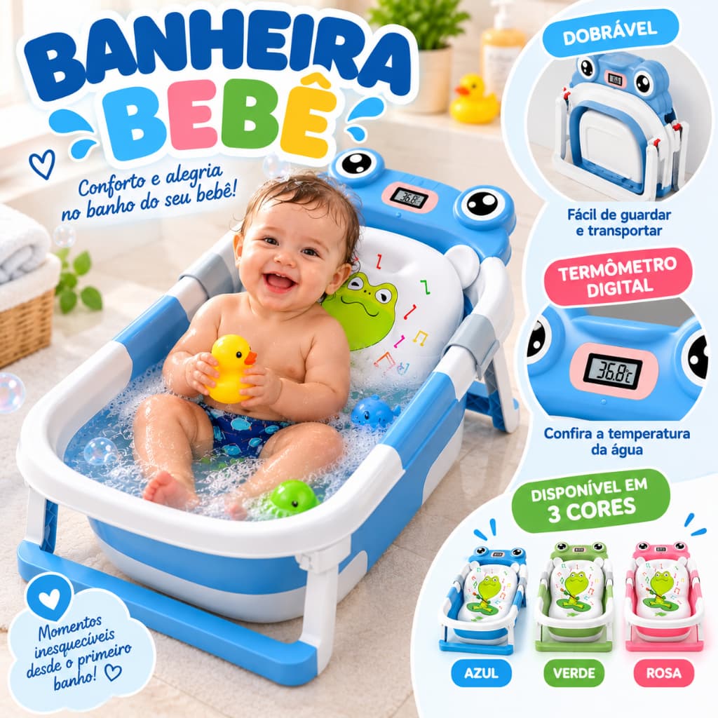 Banheira de Bebê Dobrável Portátil com Termômetro Digital Almofada e Rede de Apoio Azul Verde Rosa