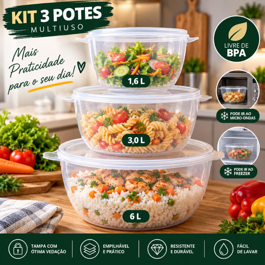 Kit 3 Potes Plasticos Redondo Bowl Saladeira Multiuso 1,6L 3L 6L Organizador de Alimentos Cozinha