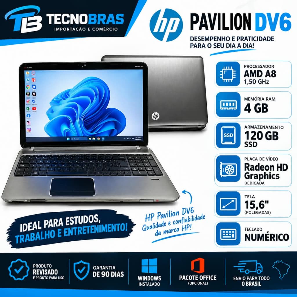 Notebook HP Pavilion DV6 – AMD A8 | 4GB | SSD 120GB | 15,6"