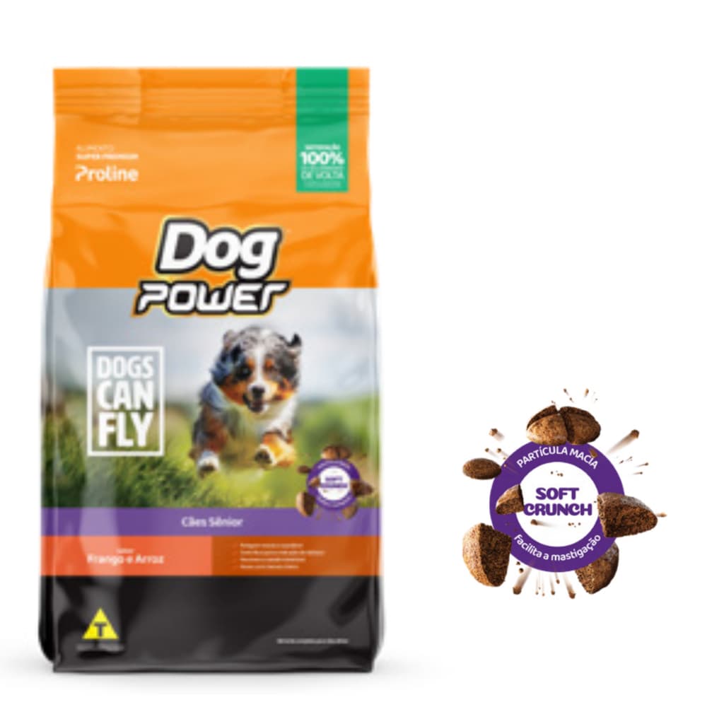 Dog Power Sênior 15kg Soft Crunch 7+ Ração Super Premium para Cachorros Sabor Frango e Arroz Dogs Can Fly