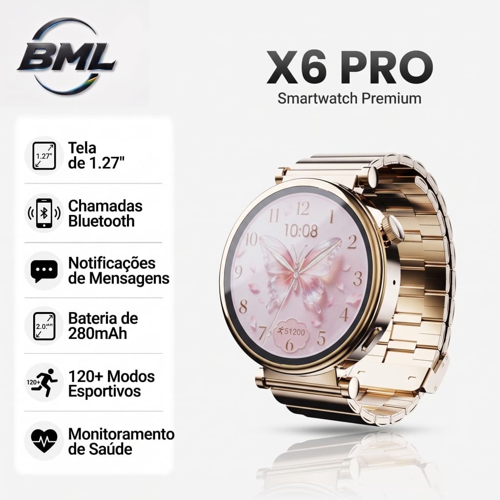 BML Relógio Inteligente Smartwatch Masculino X6 Pro Esportivo Tela AMOLED 7 Pulseiras de Relógio