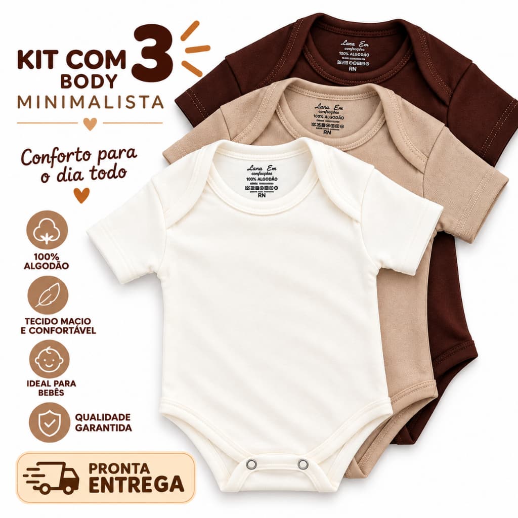 Kit 3 Body Bebê Manga Curta 100% Algodão Suedine  Minimalista Menino Enxoval RN Recem  Nascido Neutro Unissex