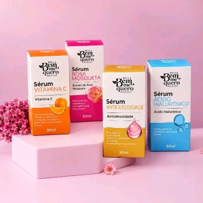 Kit 4 Séruns Faciais Bem Me Quero — Vitamina C + Rosa Mosqueta + Antioleosidade + Ácido Hialurônico 30ml