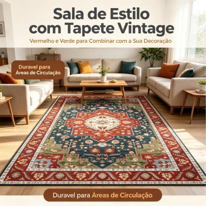 Tapete Vintage Retangular 155x95cm Poliéster Antiderrapante Lavável Sala Quarto Decoração Casa