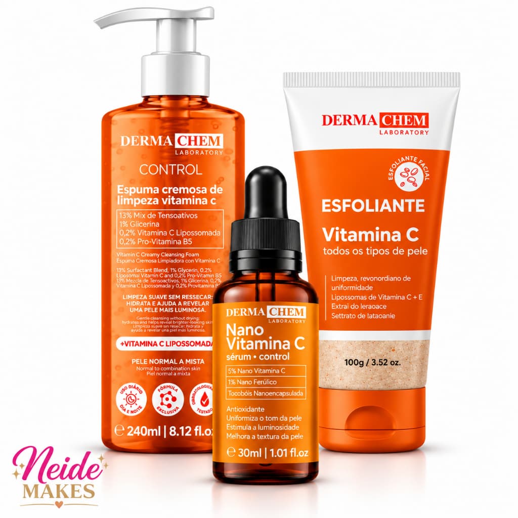 Kit Facial Vitamina C – Espuma 240ml + Nano Vitamina C Sérum 30ml + Esfoliante Dermachem