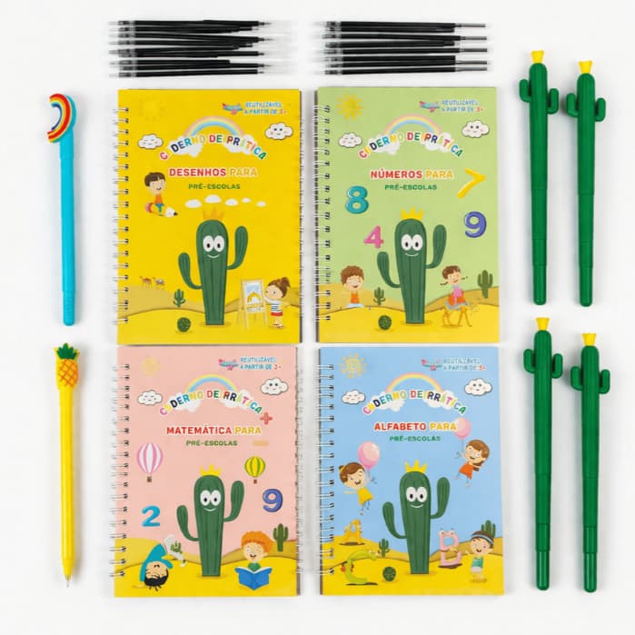 Kit 4 Cadernos de Caligrafia Portugues com caneta Mágica Infantil Reutilizável