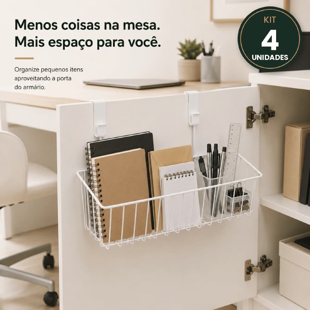 Kit 4 Cestos Porta Armário Multiuso Ferro Branco Organizador Cozinha 27,5x20x12cm