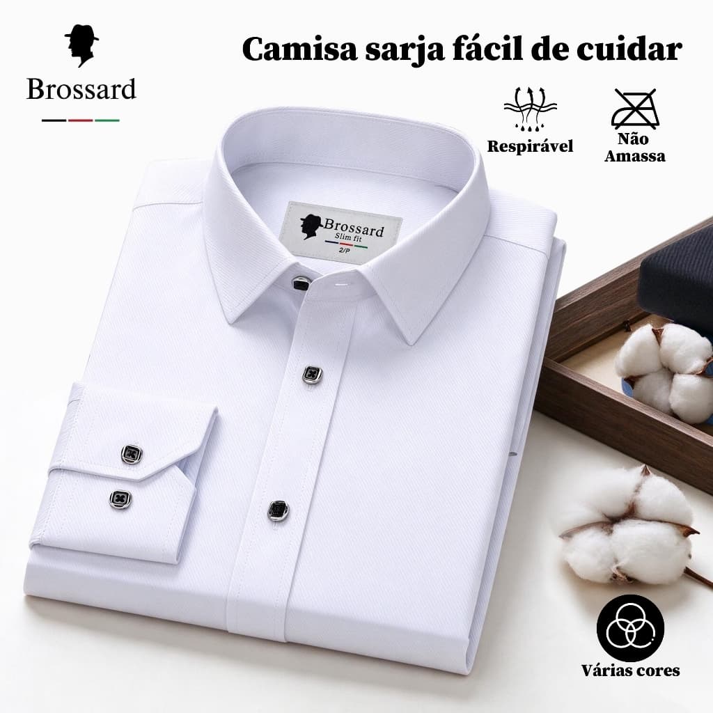 Camisa Social Masculina Algodão Slim BROSSARD, Blusa Respirável e Fácil de Cuidar, Casual e Trabalho