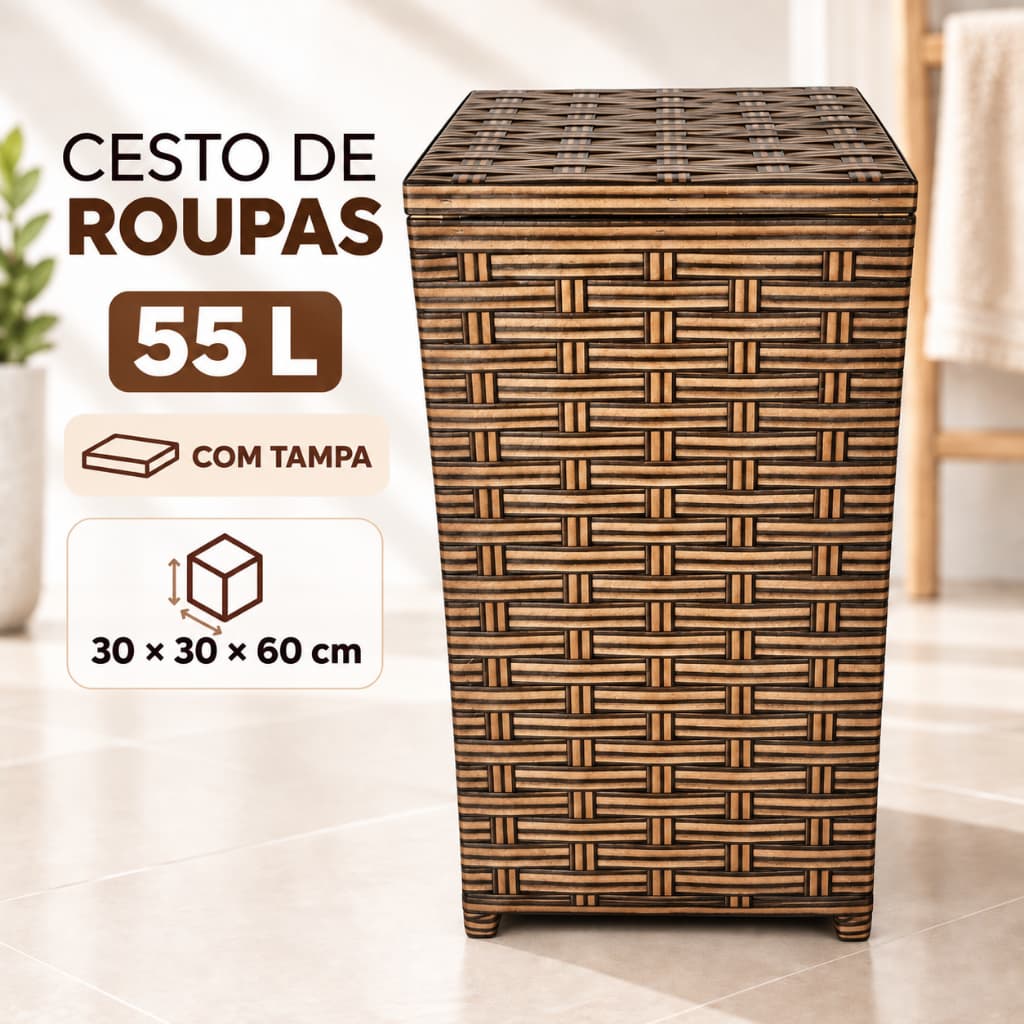 Cesto de Roupa Suja 55L 30x30x60 Fibra Sintética com Tampa Organizador Banheiro Lavanderia