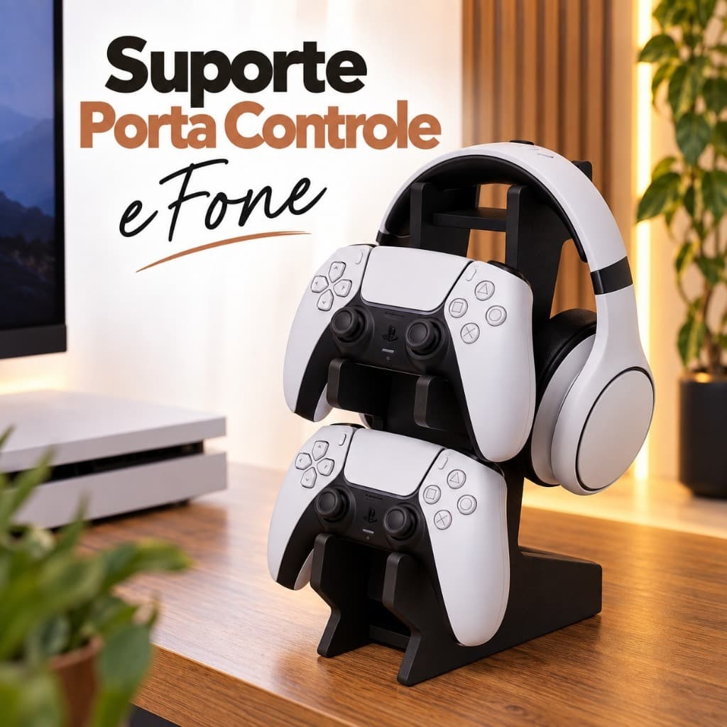 Porta Controle Video Game Ps5, Xbox em MDF Organizador e Suporte de Fone e Controle