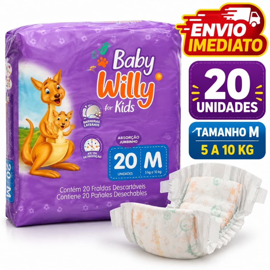 Fralda Descartável Baby Willy M 20 Unidades 5 a 10kg com Aloe Vera