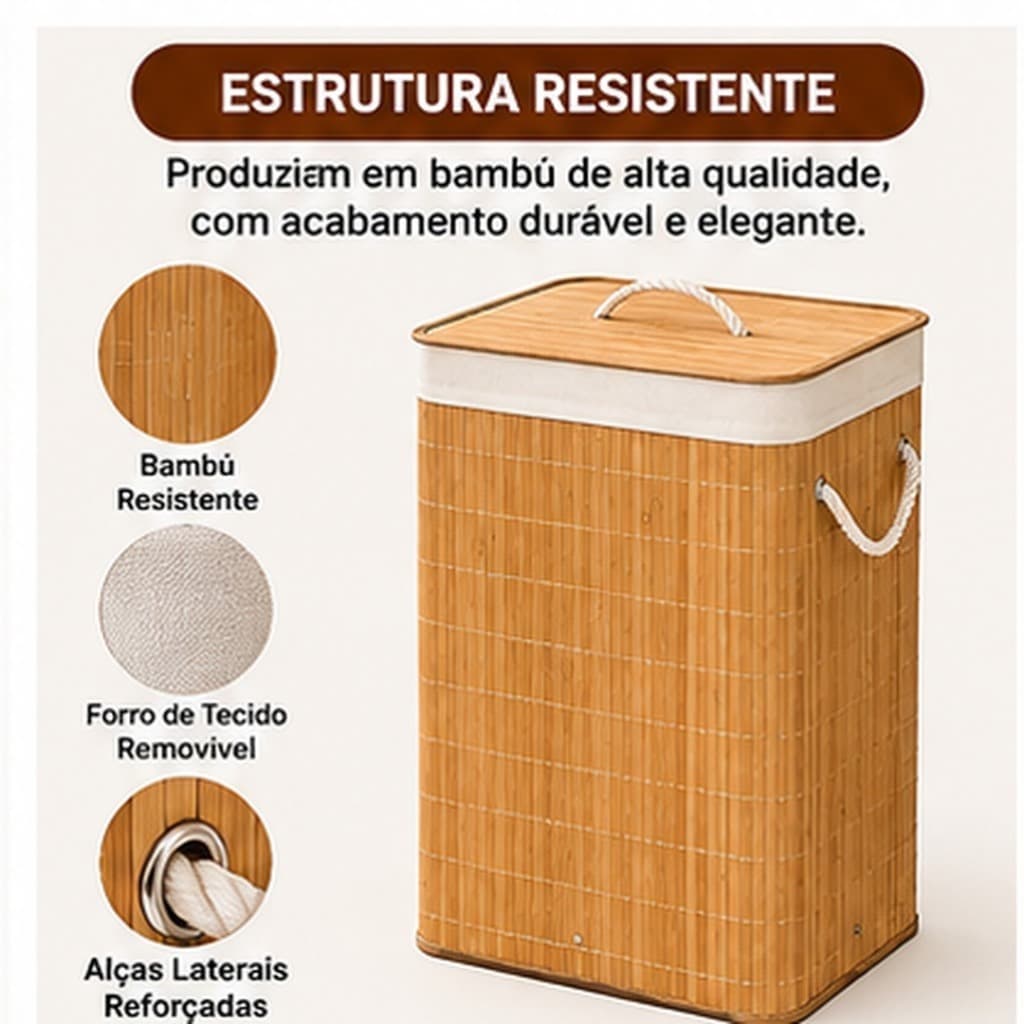 🧺 Cesto de Roupas Sujas 50L com Tampa e Alças – Organizador de Bambu para Lavanderia e Banheiro ✨