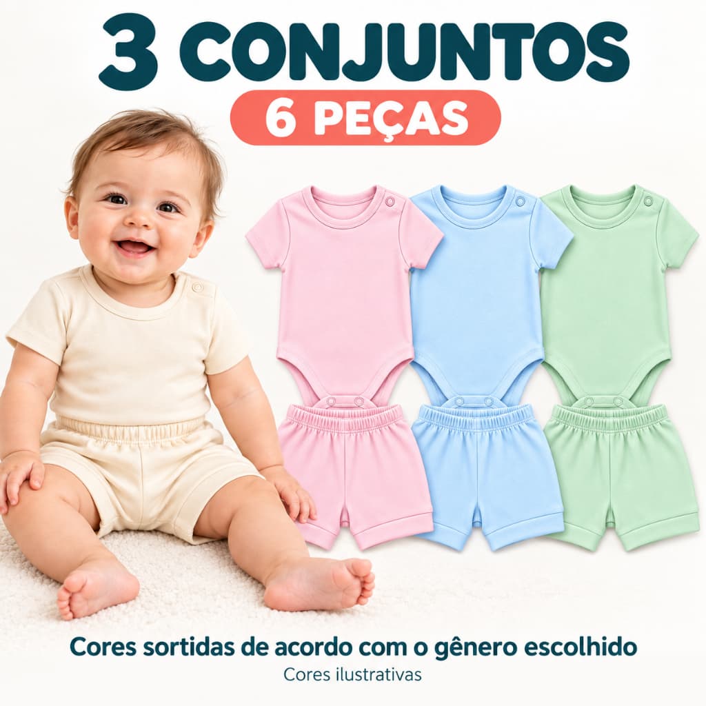 Kit 3 Conjunto Body Curto + Short Bebê 100% Algodão Menino Menina Roupa Roupinha Enxoval Maternidade