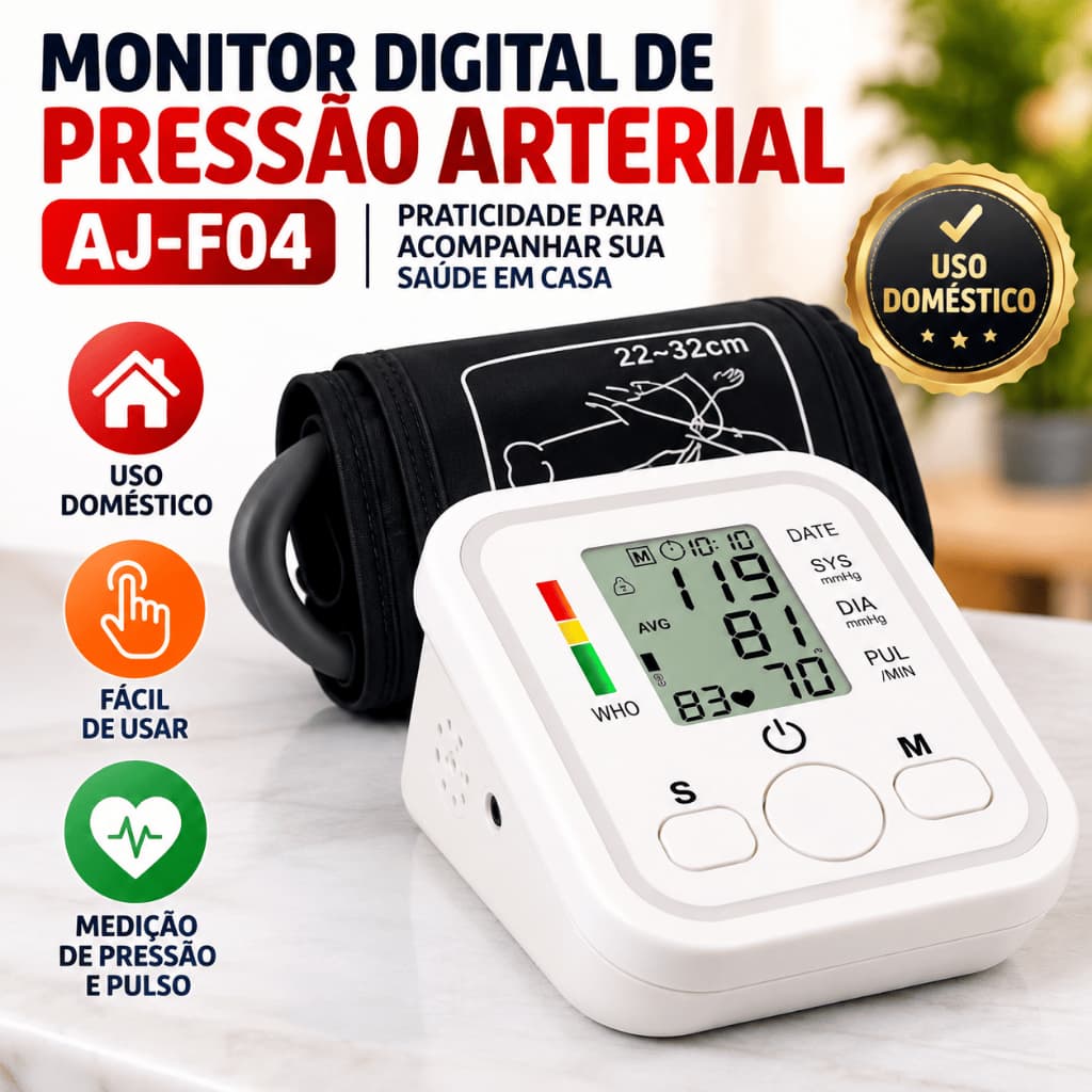 Monitor Digital de Pressão Arterial AJ-F04 Aparelho Medidor de Pressão de Braço com Visor Digital