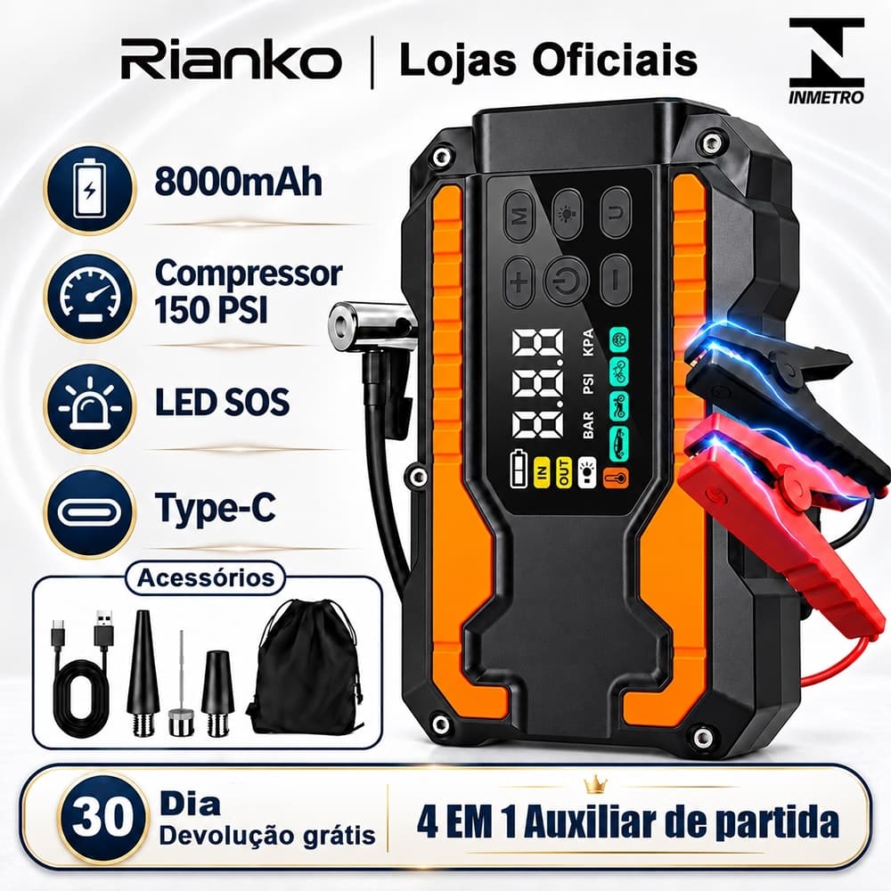 Kit Auxiliar Partida 4 em 1 8000mAh 150PSI Compressor Ar Power Bank Lanterna Carregador 12V Portatil Veicular