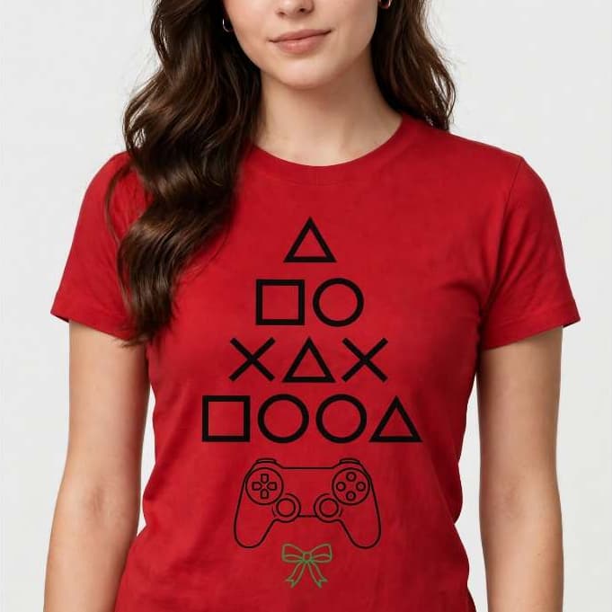 Camiseta Feminina Gamer de Natal Controle de Videogame Estilo Geek 100% Algodão