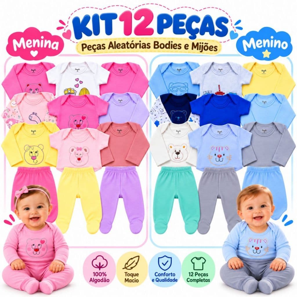 Kit 12 Peças Enxoval Bebe Body Manga Longa Manga Curta Mijão Menina Menino 100% Algodão RN ao G Suedine Confortável