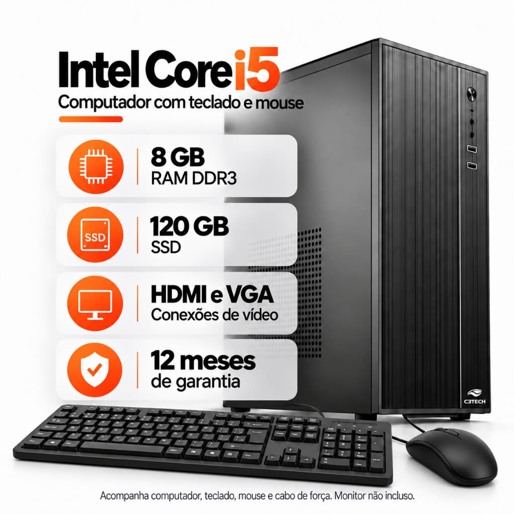 Computador Intel Core i5 8GB DDR3 SSD 120GB Teclado Mouse Windows 11 Trial Home Office Trabalho Estudos Desktop USB