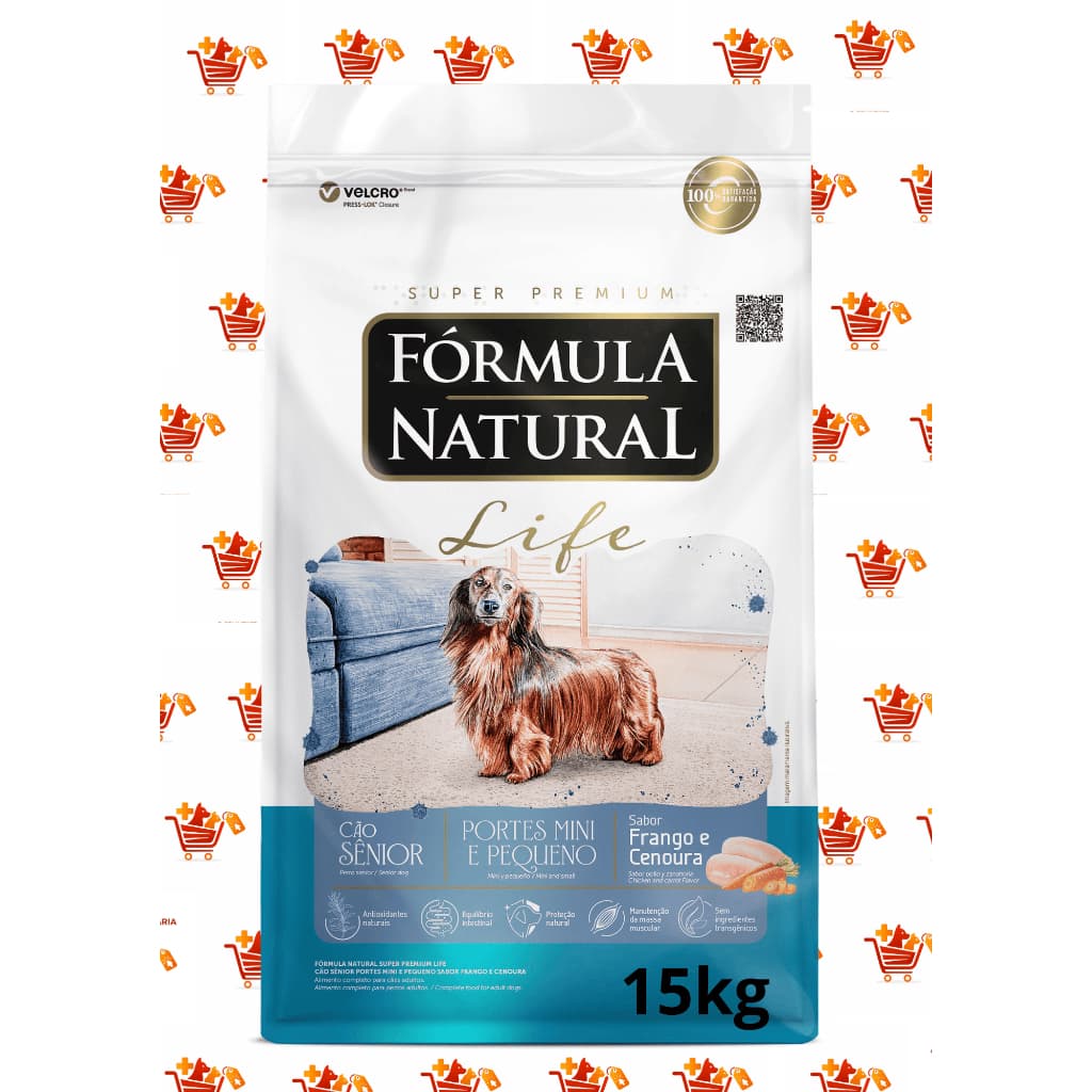 Ração 15 kg  Fórmula Natural Super Premium Life Cão Sênior Portes Mini e Pequeno Sabor Frango e Cenoura