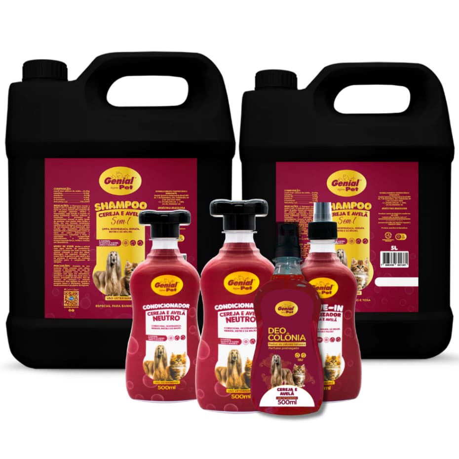 Kit 2 Shampoos 5L + 2 Condicionadores 500ml + Finalizador + Deo Colônia 500ml Cereja & Avelã para Cães e Gatos