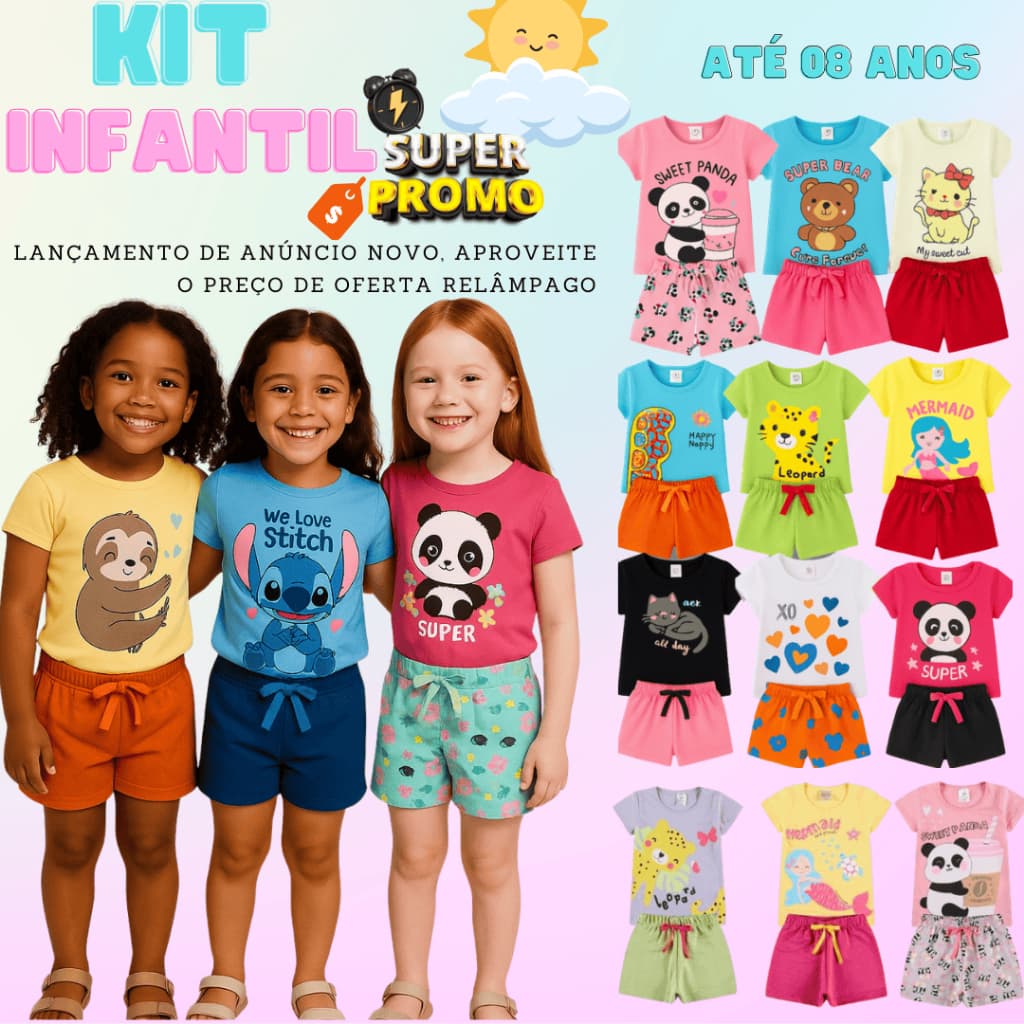 Kit até 6 peças Conjunto Roupa Infantil Menina Verão Look Estiloso Criança Bebê Camiseta Algodão Blogueirinha