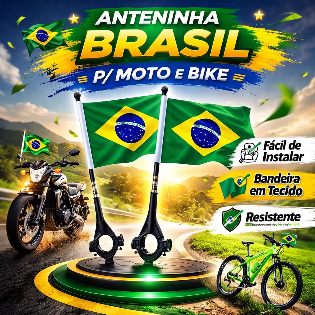 Anteninha Bandeira do Brasil para Moto e Bicicleta com Haste Flexível | Acessório Moto Bike Brasil