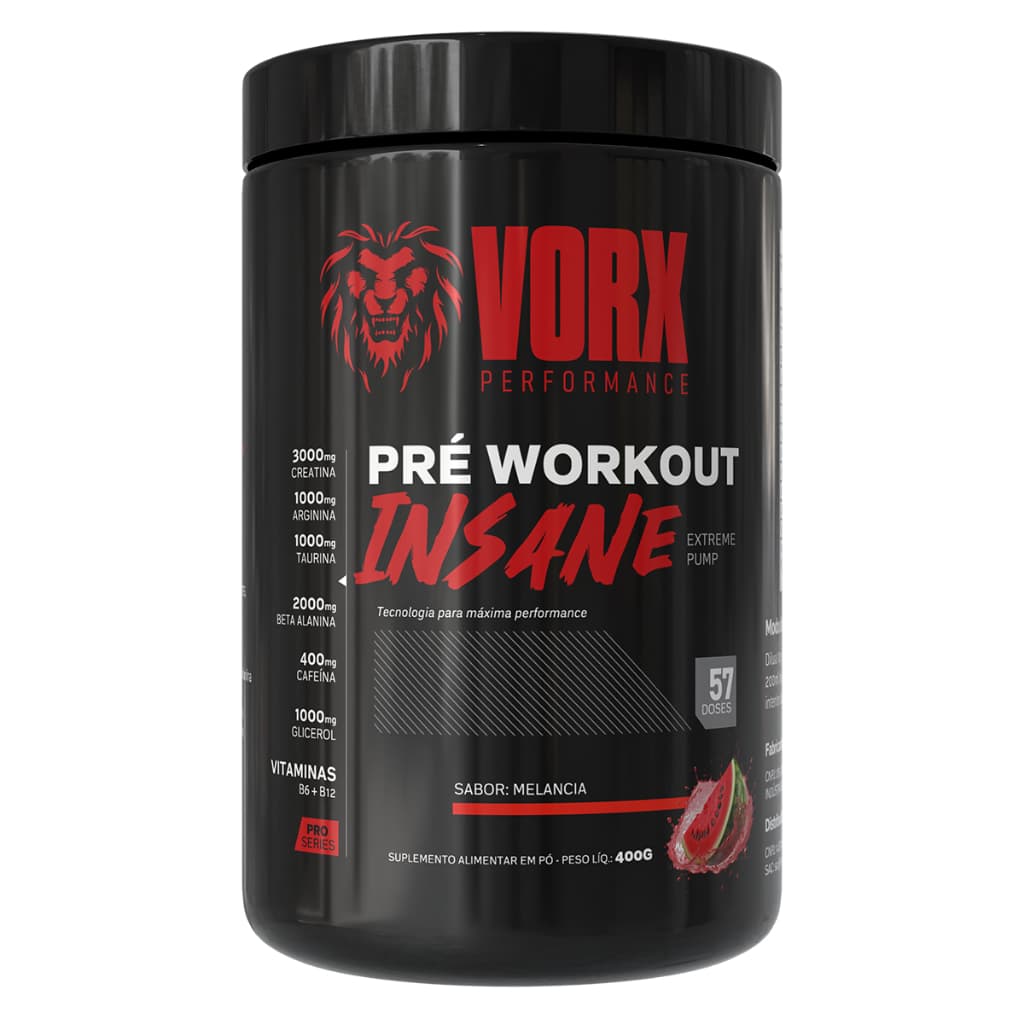 Pré Treino Insane 400g Rende 57 doses Vorx - Pré Workout com 400mg de cafeína, Creatina e Colostro Bovino - Venon Evora