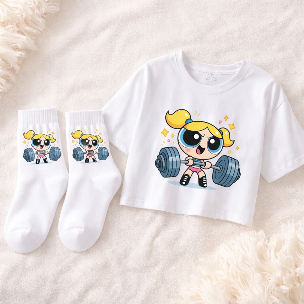 Kit Cropped 100% Algodão e  Par de Meia Meninas Super Poderosas Academia Treino Marombas Fitness Estilosa