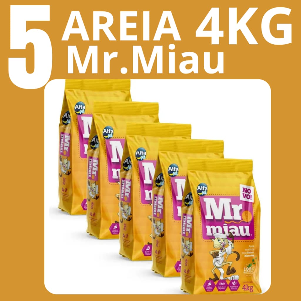Kit 5 Areia Sanitária Higiênica Natural Argila para Gatos Mr Miau Fardo Fechado 5x4 Kg - 20Kg Total