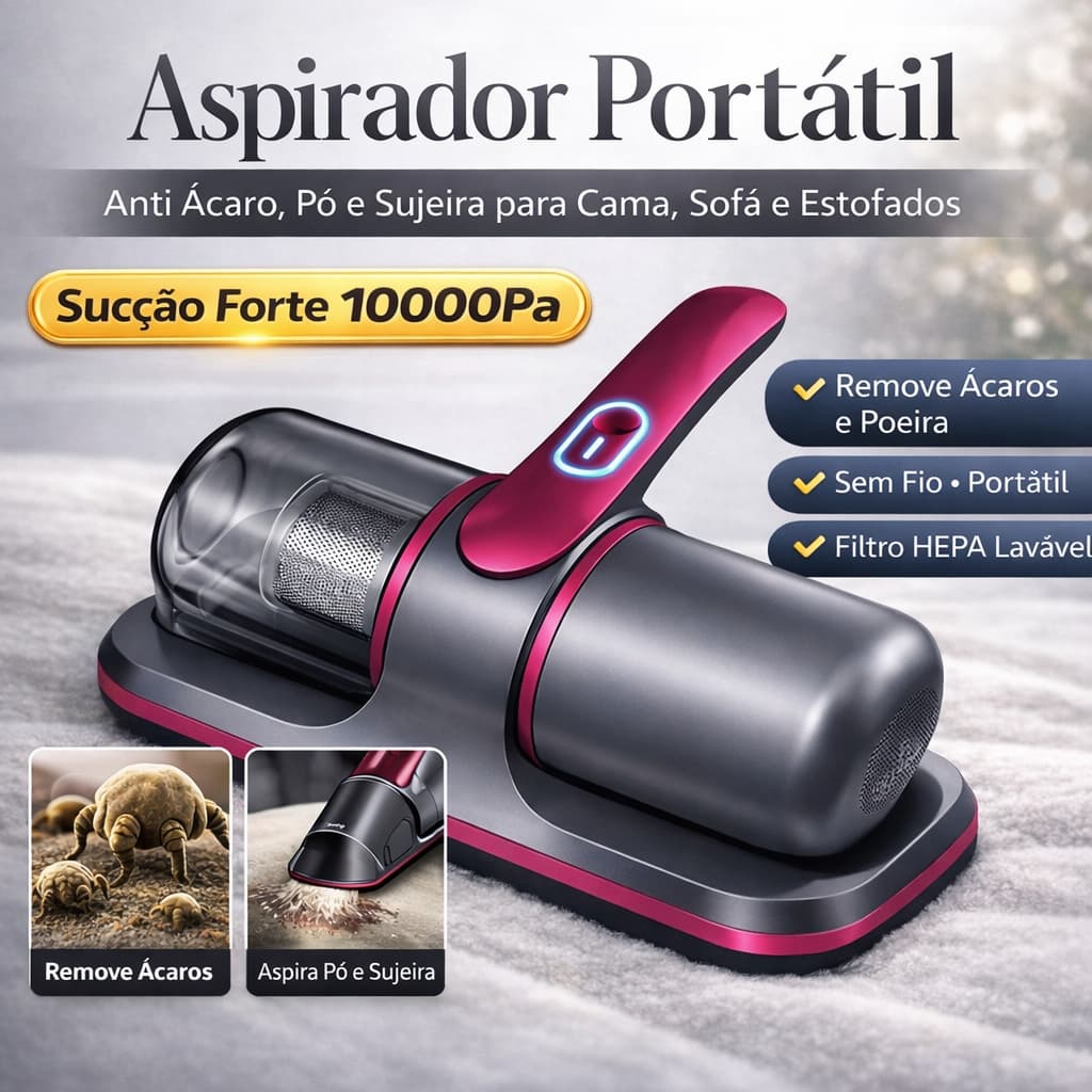 Aspirador Antiácaros 10000Pa Sem Fio USB Portátil HEPA Alta Sucção Limpeza Profunda Colchão Sofá Cama Estofados