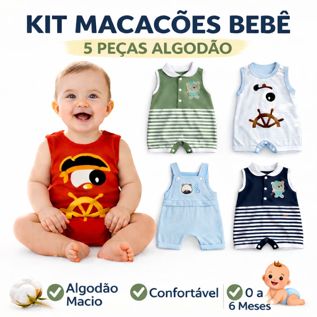 Kit 5 Macacões Enxoval Bebê Menino Algodão Antialérgico Roupa Bebê RN 0 a 6 Meses