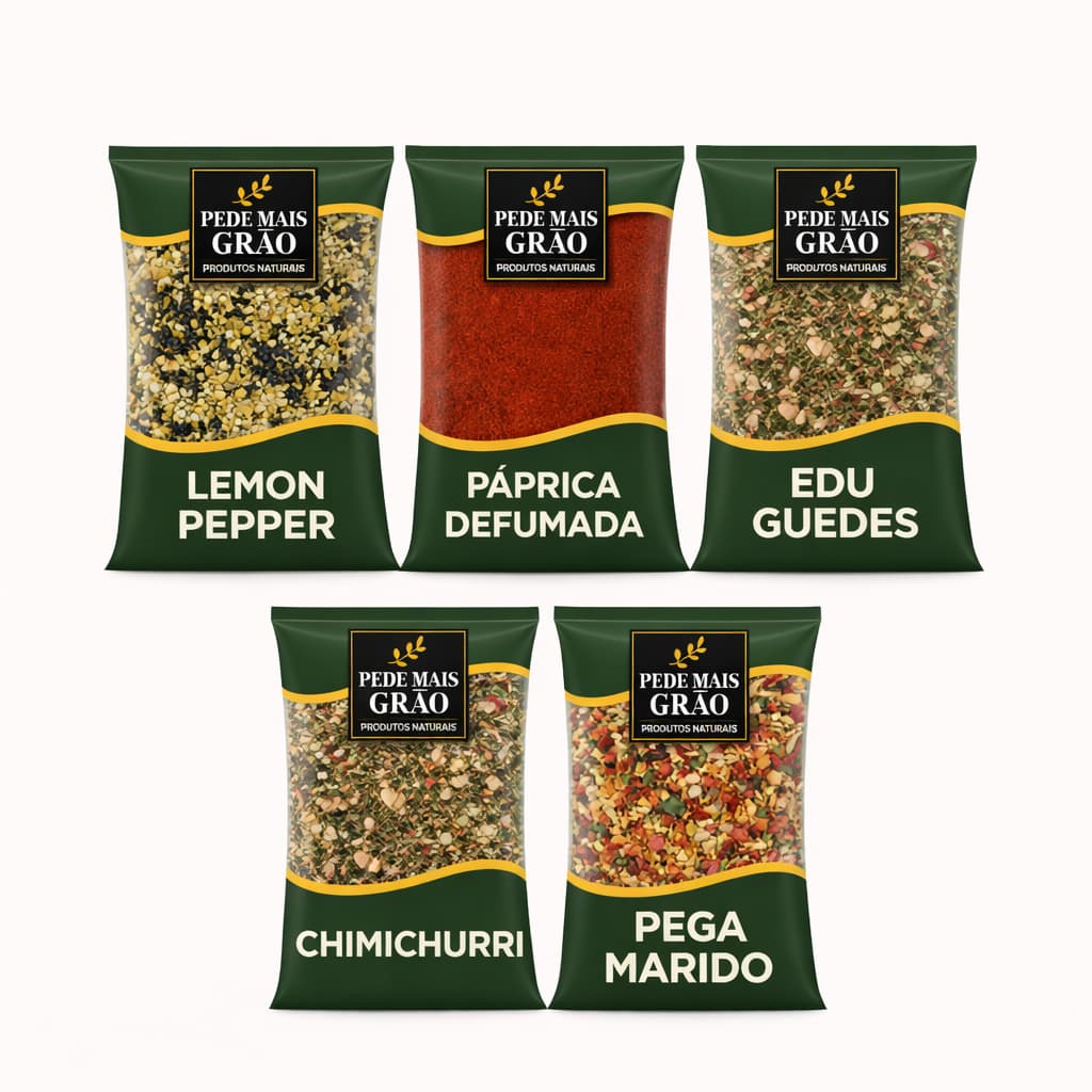 Combo 5 Temperos Premium – Lemon Pepper, Páprica Defumada, Edu Guedes, Chimichurri e Pega Marido – Pede Mais Grão