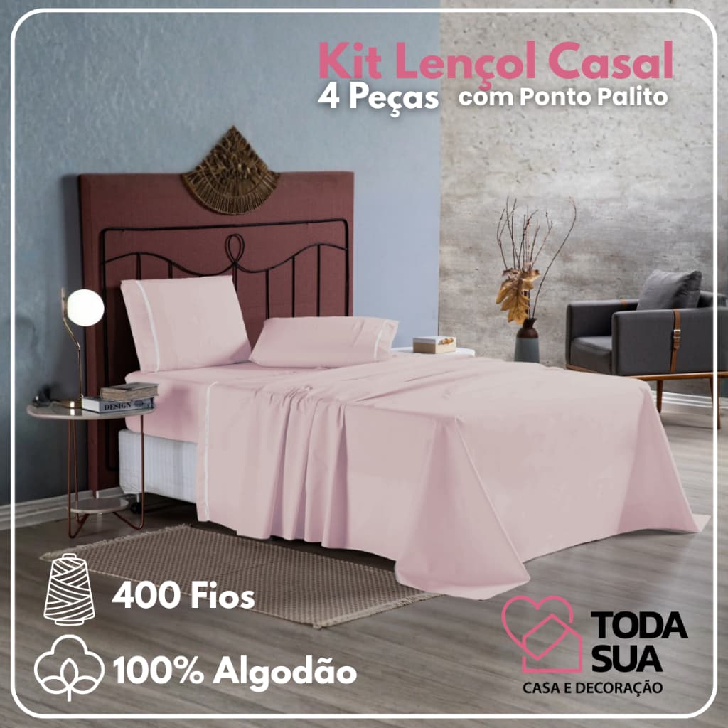 Jogo de Lençol Casal Padrão 4 Peças Ponto Palito Algodão 400 Fios