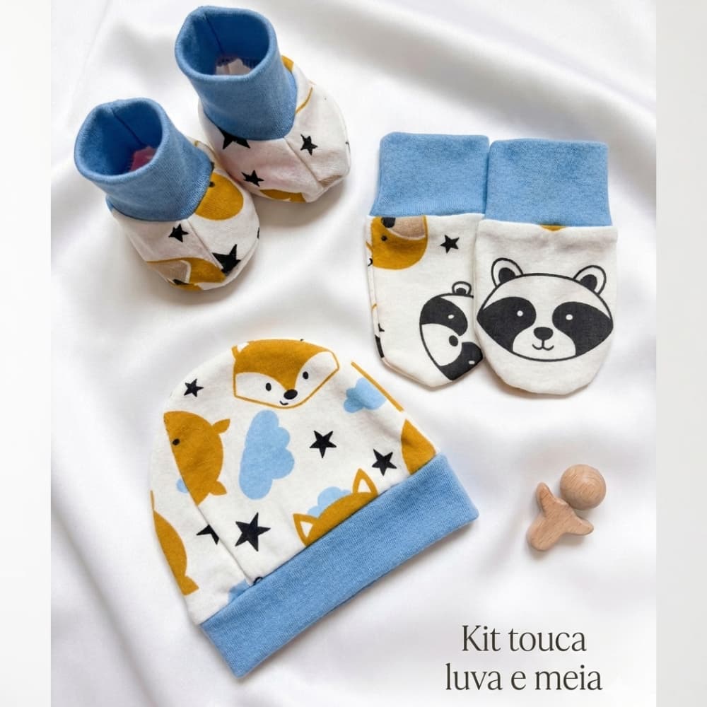 Kit Touca, Luva e Pantufa para Bebê – 3 Peças 100% Algodão Bebê Enxoval Maternidade