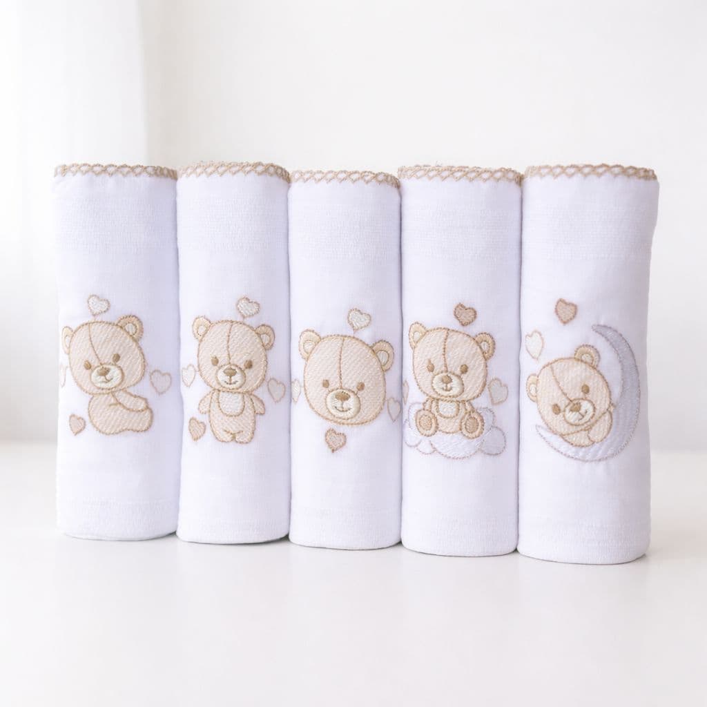 Kit Fralda de Pano Bordada Bebê Recém Nascido 5 Peças 100% Algodão Maternidade Enxoval Neném