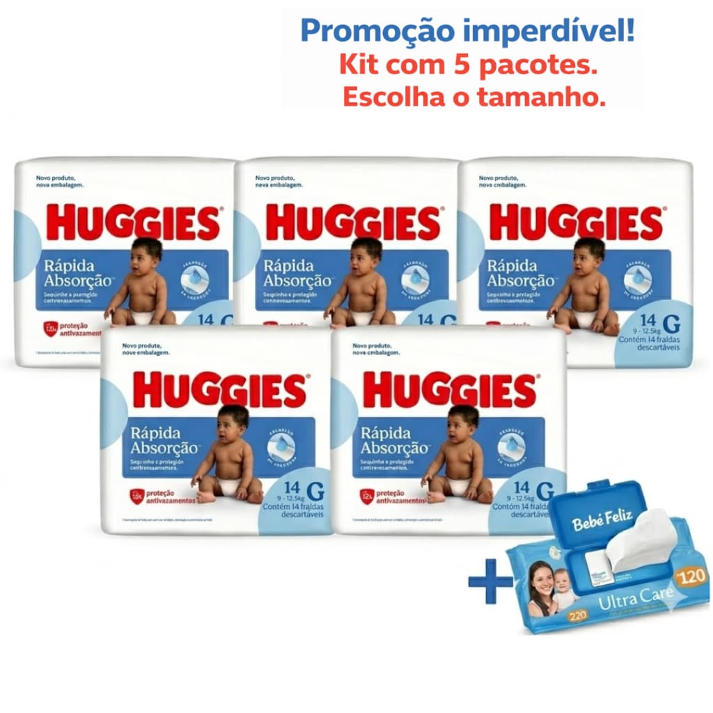 Kit com 5 Pacotes de Fralda descartáveis Huggies Tripla Proteção RN, P, M, G + Lenço Umedecido 120 Unidades