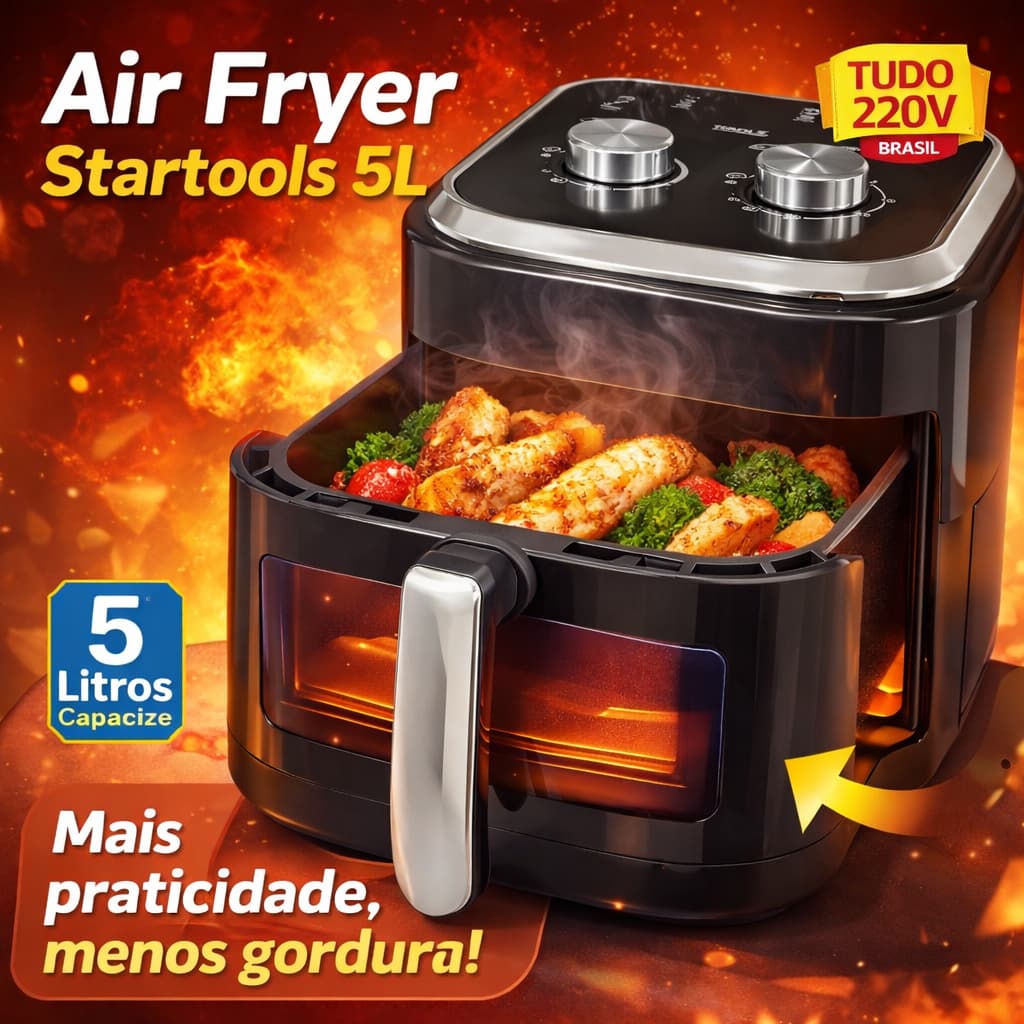 Fritadeira Eletrica 5Litros Air Fryer Fritar Sem Oleo Assar Grelhar Visor Interno Luz Led 220v 1350w
