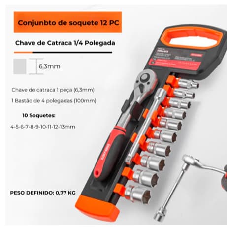 KIT Chave Catraca 1/2 Jogo Soquete 8 A 24mm 12 Peças Reversível Com Extensão RESISTENT