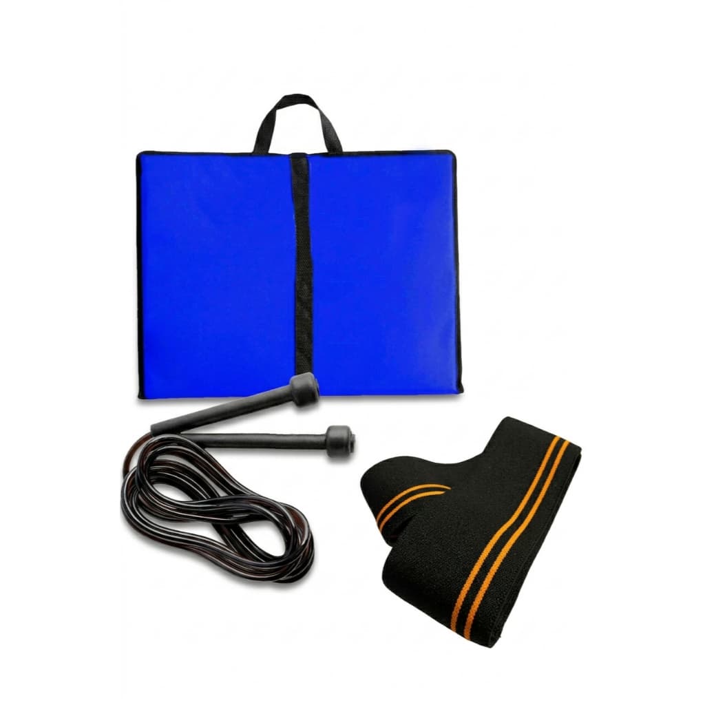Kit Treino Colchonete Azul Dobrável Com Corda de Pular Elastico Fitness Treino Academia Casa Pernas