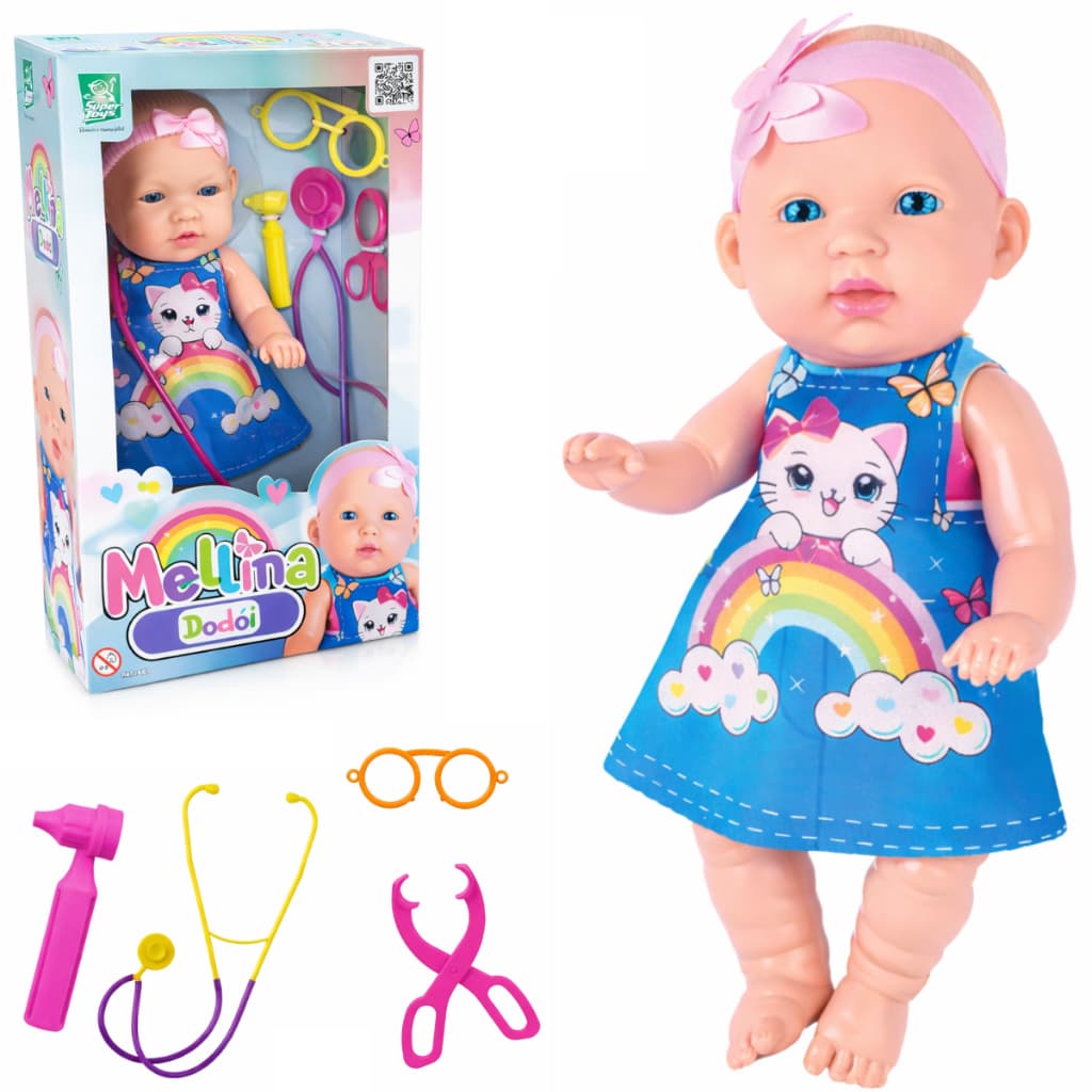Boneca Mellina Dodói 34cm Articulada Brinquedo Com kit Médicos Infantil