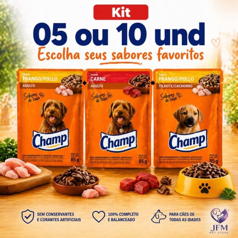 CHAMP 05 ou 10 UND Carne - Frango e Filhote - Sachê para Cães 85g