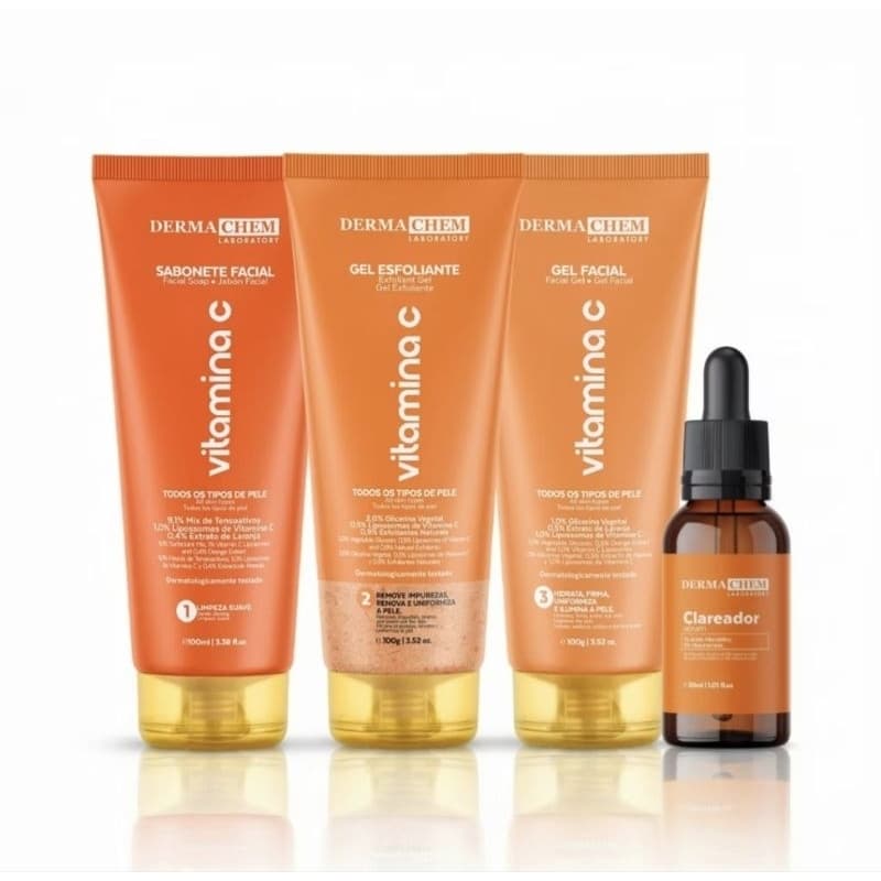 Kit Skincare Vitamina C Limpeza e Hidratação de Pele Sabonete, Gel Esfoliante, Gel facial e Sérum Dermachen