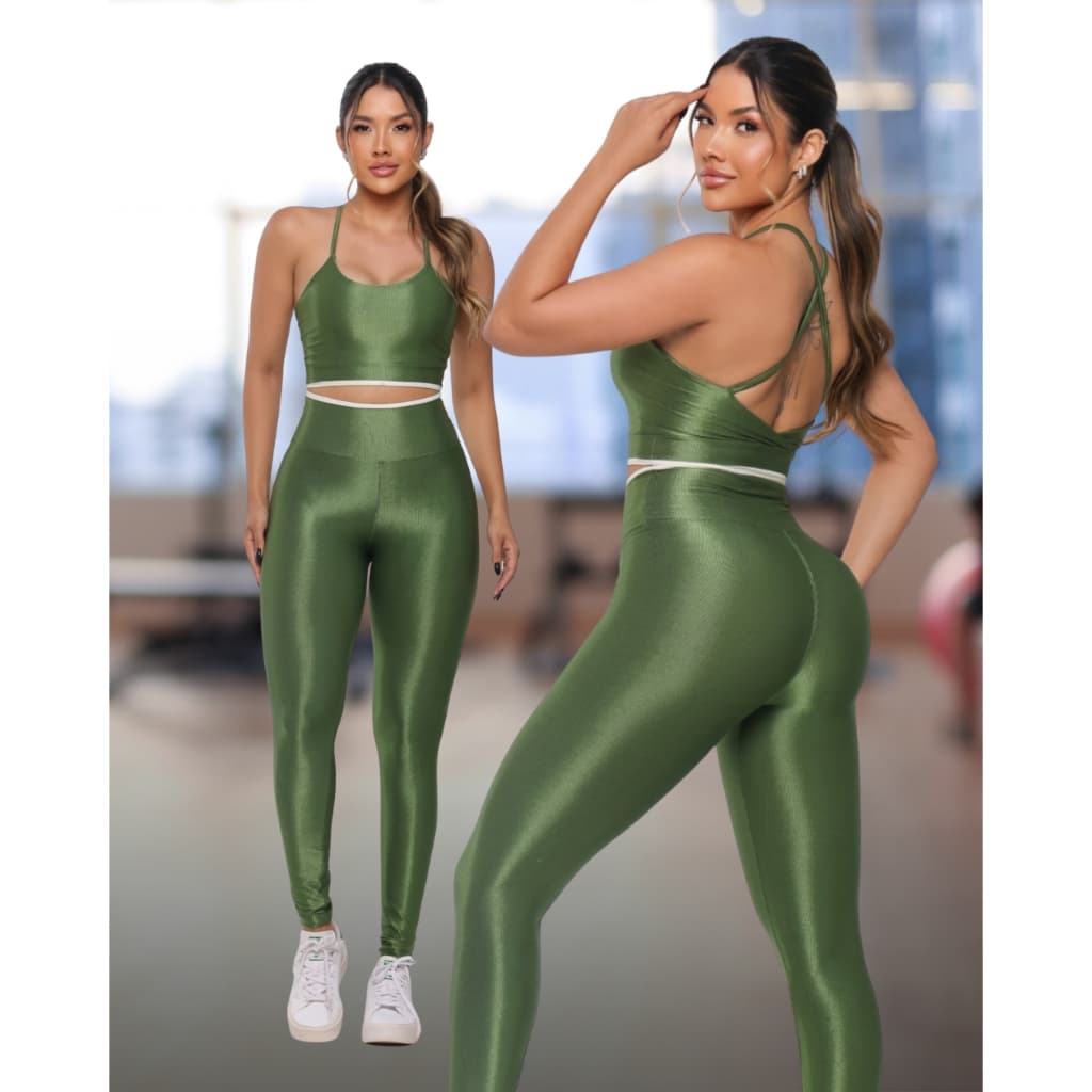 Conjunto Feminino Canelado Fitness Poliamida Calça Legging e Top De Academia
