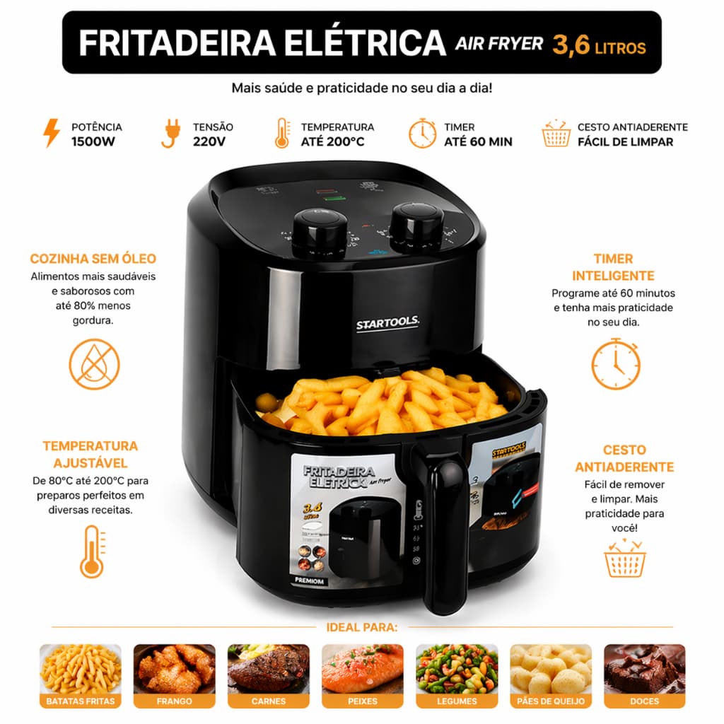 Fritadeira Elétrica Air Fryer 3,4L 1200W Sem Óleo Prática,Saudável e Fácil Limpeza Cozinha Saudável